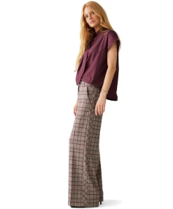 Check burgundy dames broek grijs