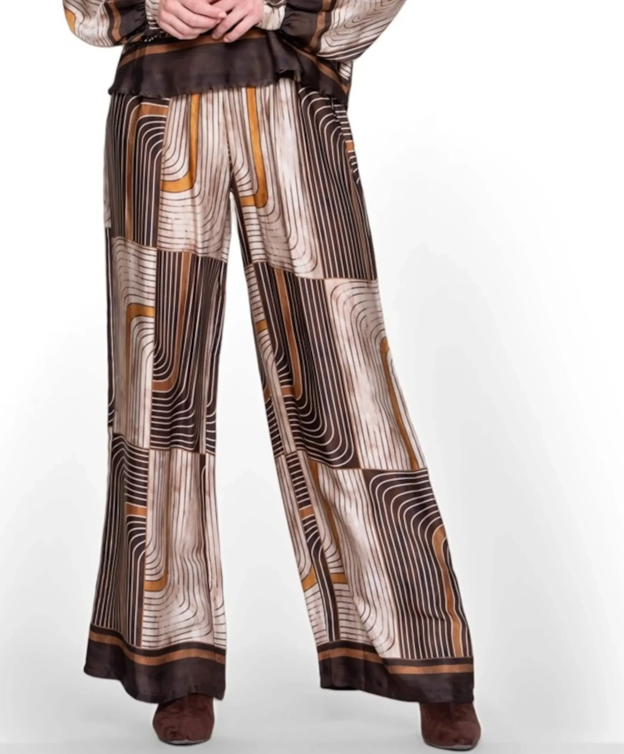 Pants satin AOP dames broek bruin
