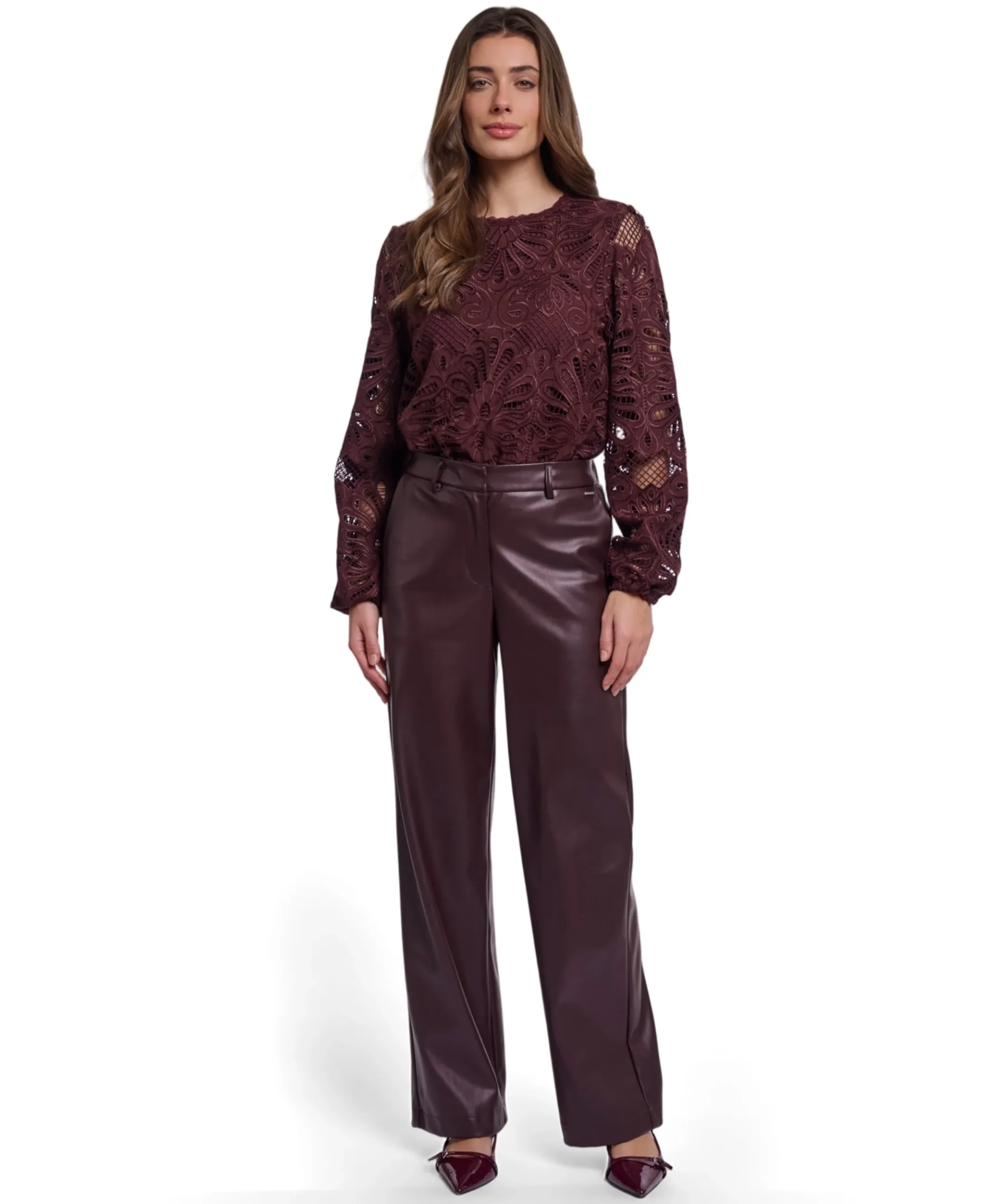 Regular length faux leather dames broek bruin